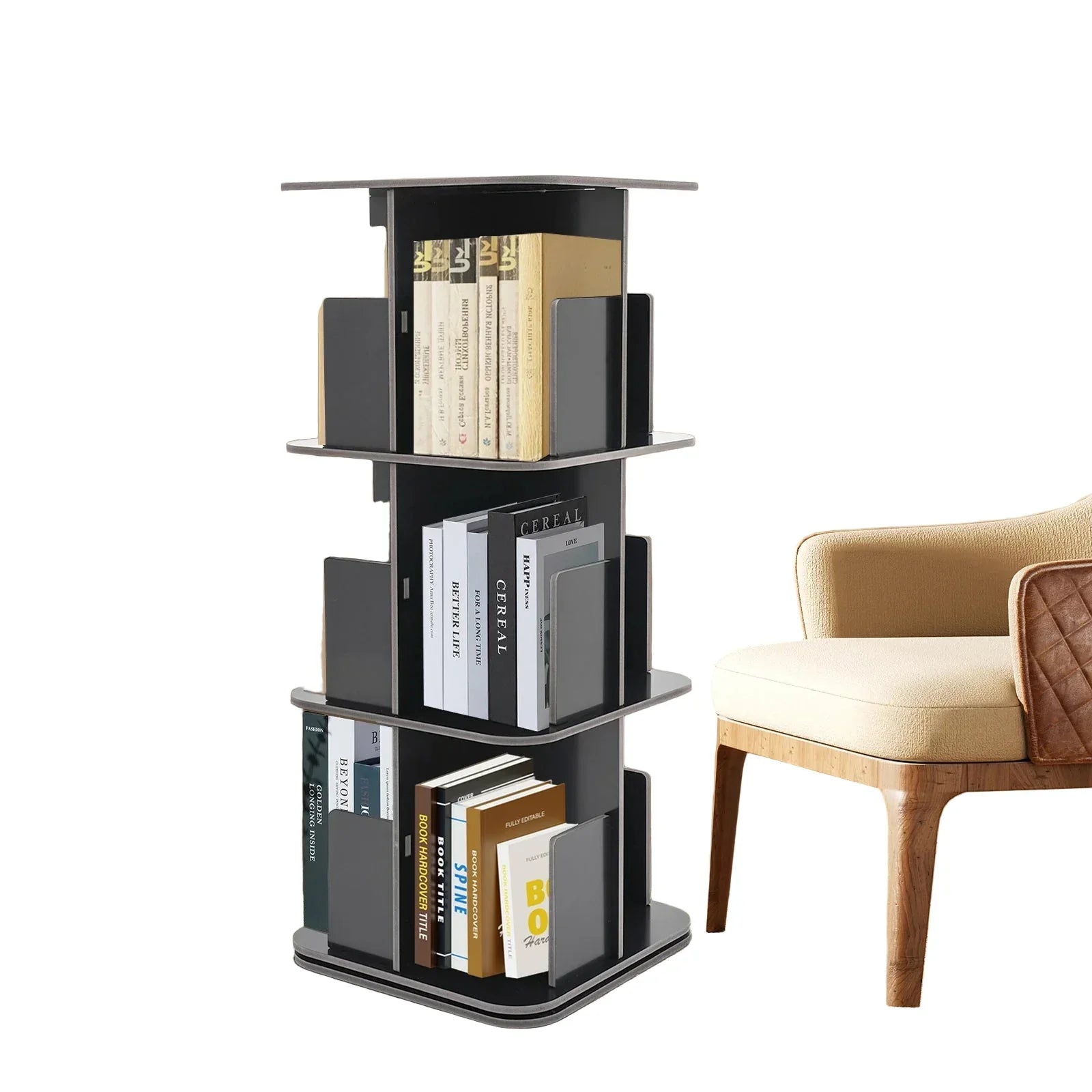 Drehbares Bücherregal mit 3 Etagen – 360° drehbar – PVC-Holzplatte – Schwarz – 39 x 39 x 97 cm