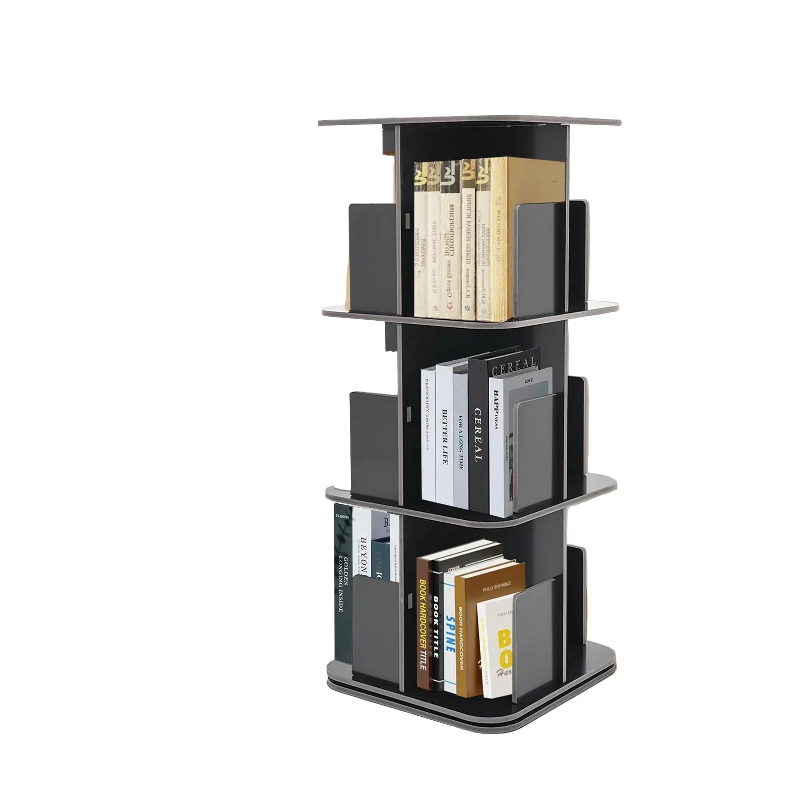 Drehbares Bücherregal mit 3 Etagen – 360° drehbar – PVC-Holzplatte – Schwarz – 39 x 39 x 97 cm