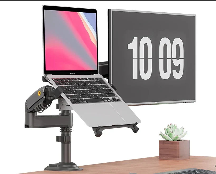 Gasfeder-Dual-Arm für Monitor (17–27 Zoll) und Laptop (10–17 Zoll) – Höhenverstellbar – Matte Holzkohle